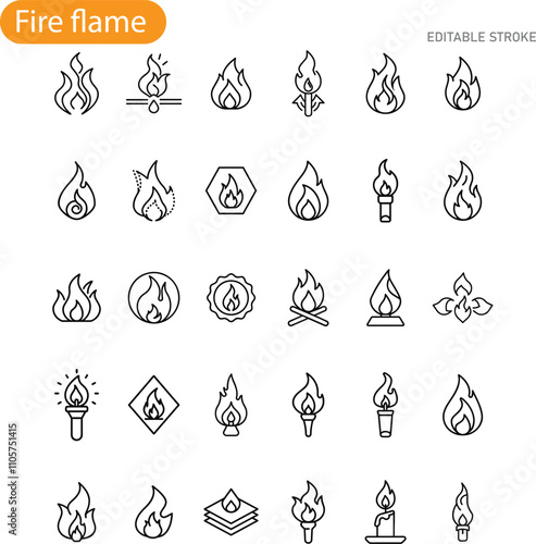 Fire Flame Icons Editable Stroke Line Art Graphics Set