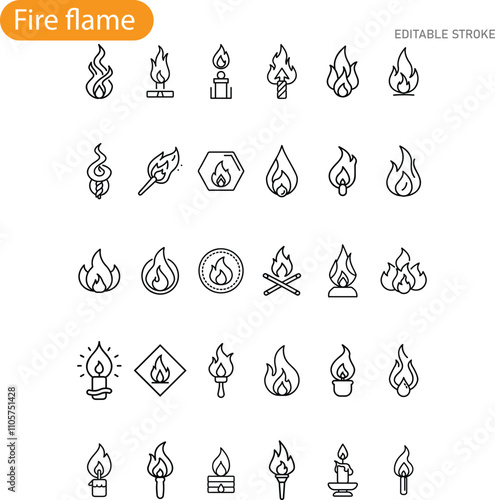 Fire Flame Icons Editable Stroke, Torch, Candle, Bonfire Graphics