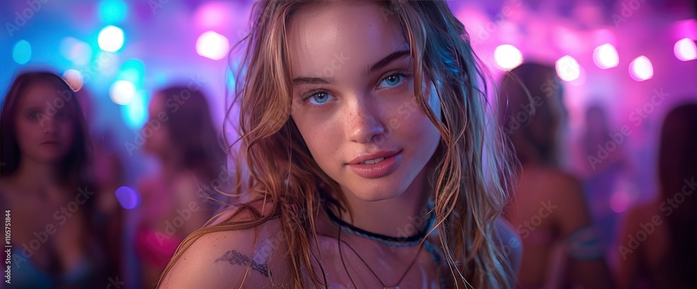 Young Woman at a Nightclub, Confident and Alluring Gaze Young Woman at a Nightclub, Confident and Alluring Gaze