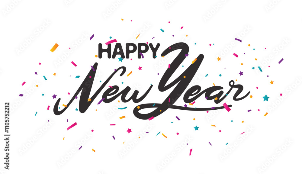Happy new year hand writing card with confetti Happy new year hand writing card with confetti