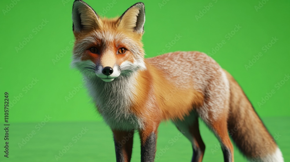 Realistic depiction of a fox standing against a vibrant green background, showcasing detailed fur texture and expressive features, suitable for nature-related projects and wildlife themes. Realistic depiction of a fox standing against a vibrant green background, showcasing detailed fur texture and expressive features, suitable for nature-related projects and wildlife themes.