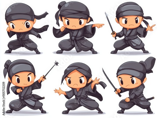 A set of various random cartoon ninja characters in full detail, isolated on a transparent background The collection includes a variety of stealthy ninjas, throwing stars, and martial arts poses,  photo