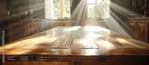 Serene and inviting rustic wooden interior with sunbeams shining through the windows creating a warm and cozy atmosphere