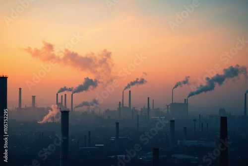 Industrial landscape with factories and smokestacks at dawn