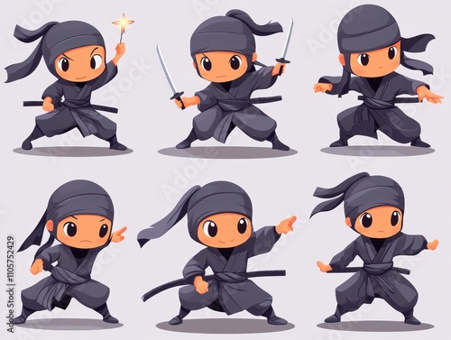 A set of various random cartoon ninja characters in full detail, isolated on a transparent background The collection includes a variety of stealthy ninjas, throwing stars, and martial arts poses, 