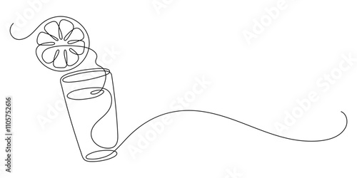 Glass of lemonade, or cocktail with lemon. Continuous line drawing.