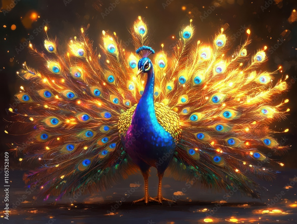 A magnificent peacock with feathers splayed