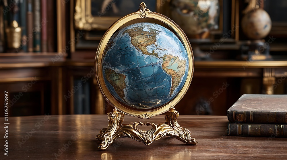 Ornate Gold Globe On Wooden Tabletop Display Ornate Gold Globe On Wooden Tabletop Display