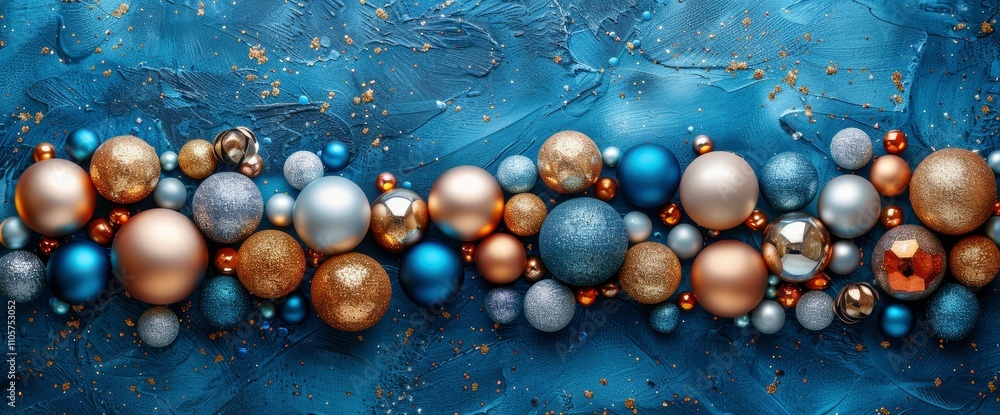 Elegant Blue and Gold Christmas Ornament Border on Textured Background Elegant Blue and Gold Christmas Ornament Border on Textured Background