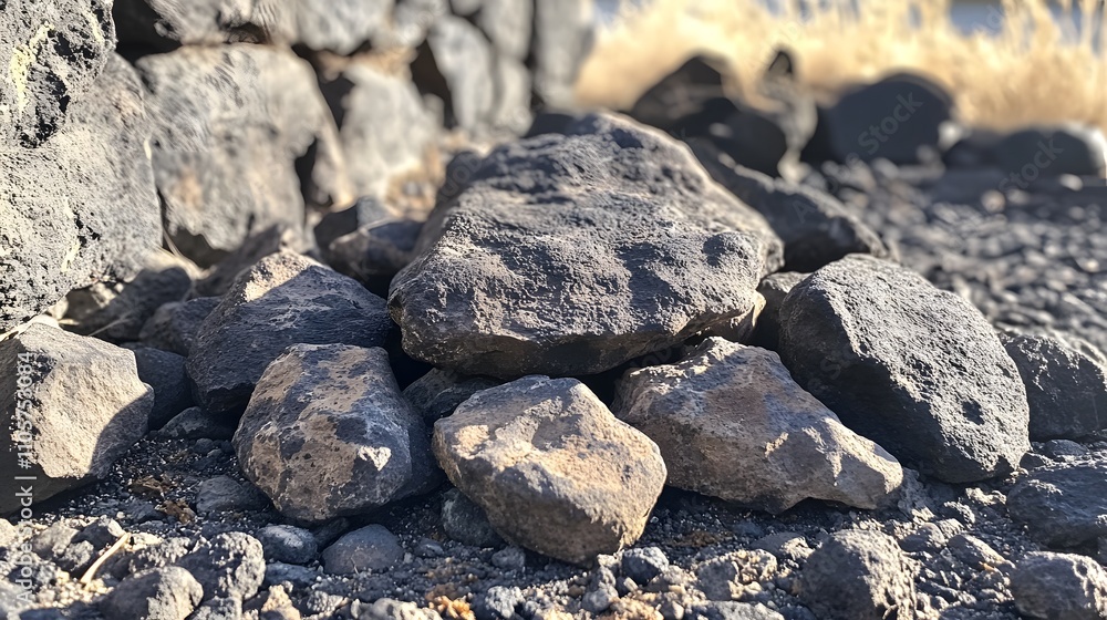 A close-up of some rocks on the ground. Some rocks are made from lava rock, and there are also many other small stones A close-up of some rocks on the ground. Some rocks are made from lava rock, and there are also many other small stones