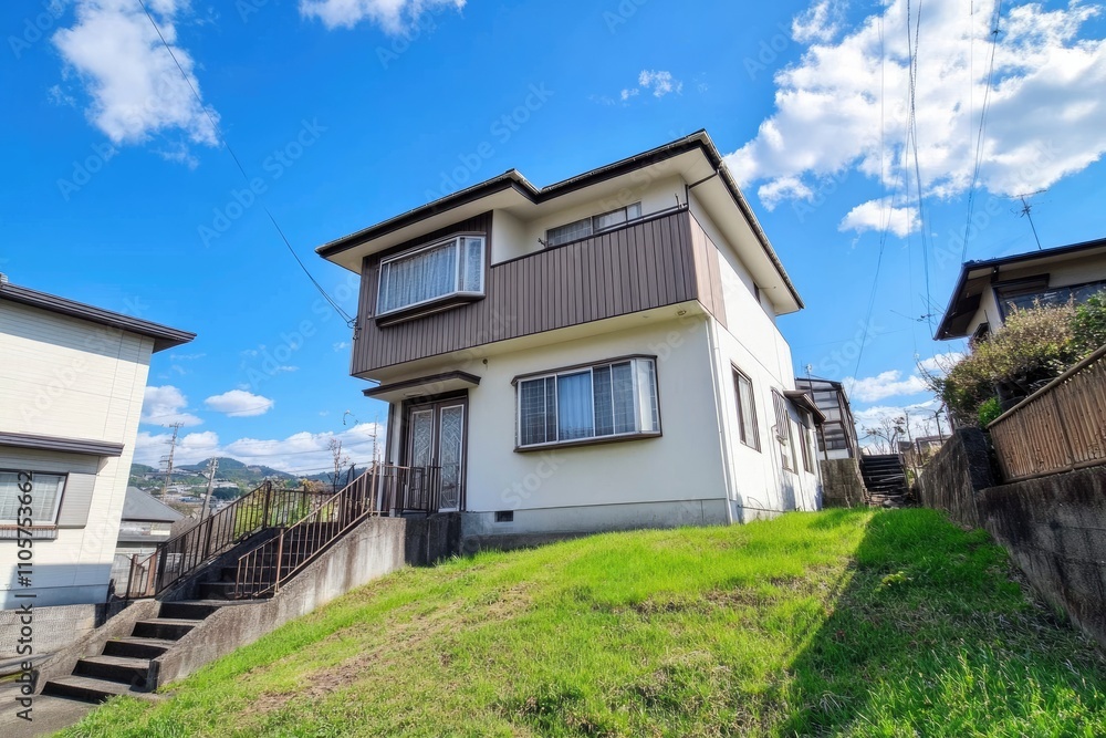 a two-story, simple, modern house in Japan, with white walls and brown accents on the roof, large windows overlooking a green lawn and blue sky, located near other houses a two-story, simple, modern house in Japan, with white walls and brown accents on the roof, large windows overlooking a green lawn and blue sky, located near other houses