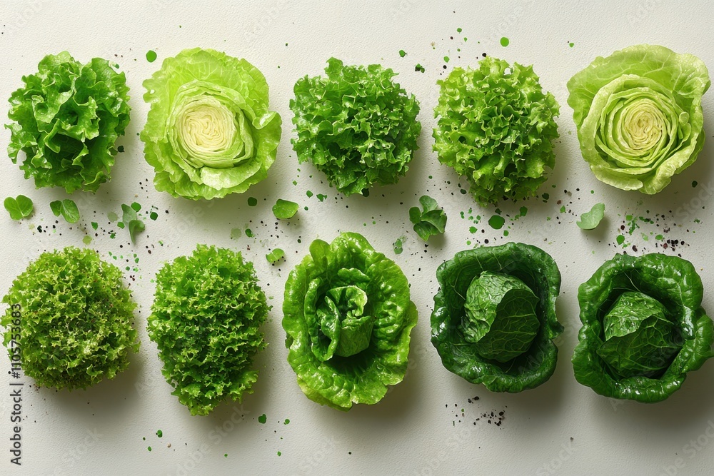 Obraz premium A variety of fresh green lettuces arranged artistically on a white background.