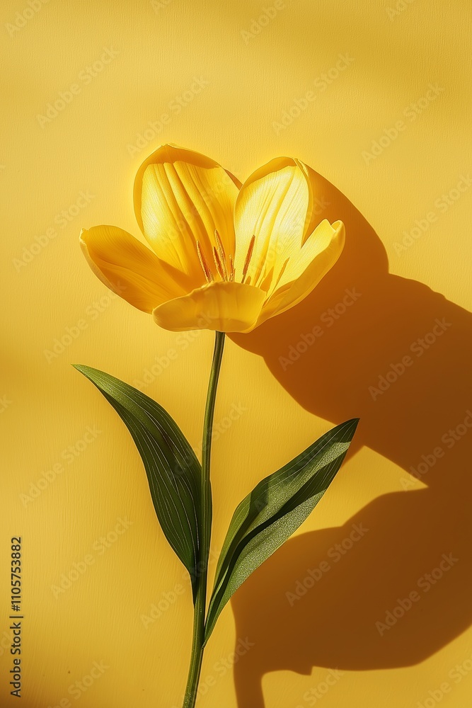 Obraz premium A stunning single yellow tulip casting a shadow, symbolizing beauty, simplicity, and elegance.
