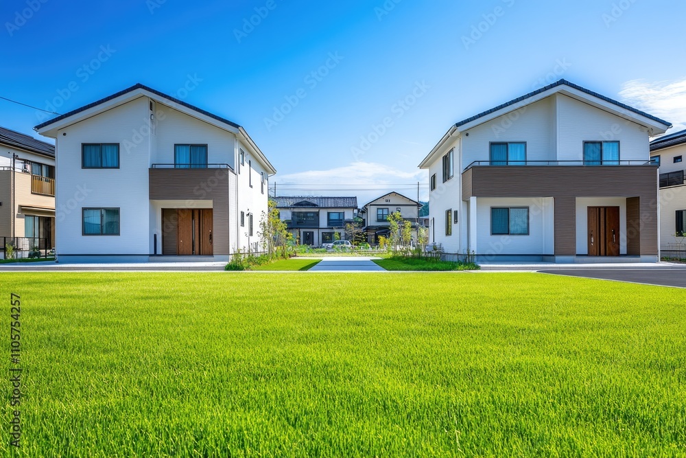 a two-story, simple, modern house in Japan, with white walls and brown accents on the roof, large windows overlooking a green lawn and blue sky, located near other houses a two-story, simple, modern house in Japan, with white walls and brown accents on the roof, large windows overlooking a green lawn and blue sky, located near other houses