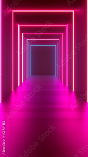 Neon lights illuminate a mesmerizing corridor, beckoning exploration through vibrant pinks and blues in a futuristic, dreamlike setting.