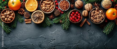 Festive Christmas Baking Ingredients Border on Dark Background