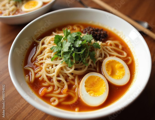 A bowl of ramen noodles with egg