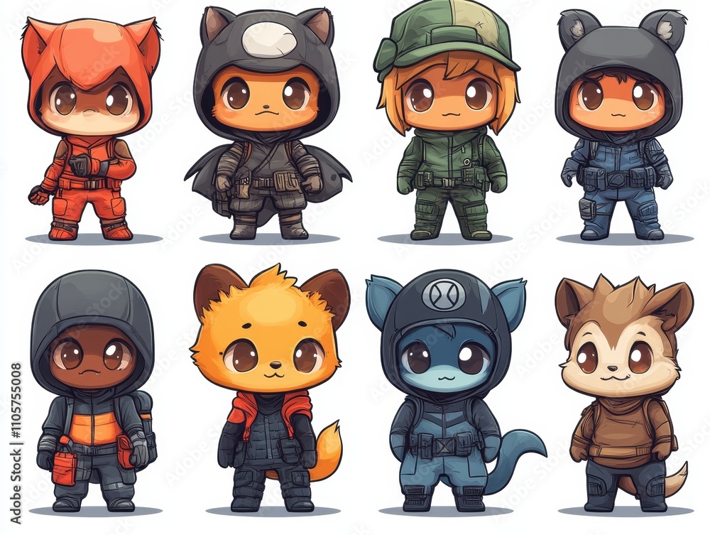 A set of various random chibi-style cartoon characters in full detail, isolated on a transparent background The collection includes a variety of big-headed superheroes, tiny animals, and exaggerated A set of various random chibi-style cartoon characters in full detail, isolated on a transparent background The collection includes a variety of big-headed superheroes, tiny animals, and exaggerated