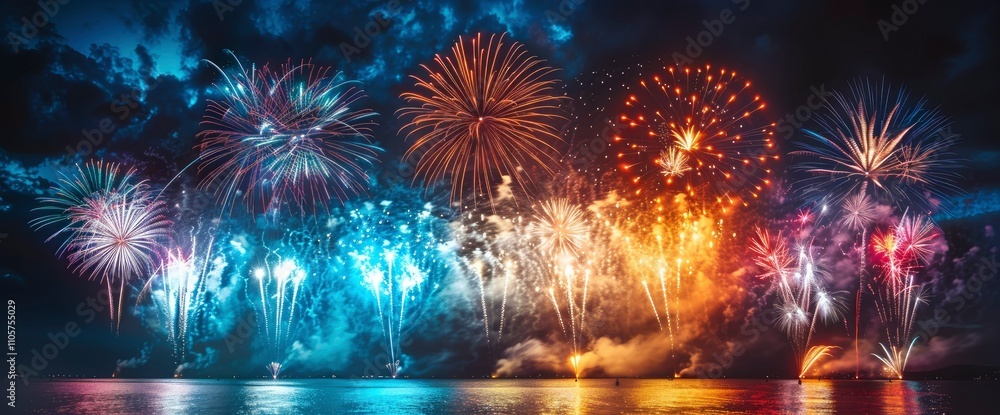 Spectacular Fireworks Display Over Calm Water at Night Spectacular Fireworks Display Over Calm Water at Night