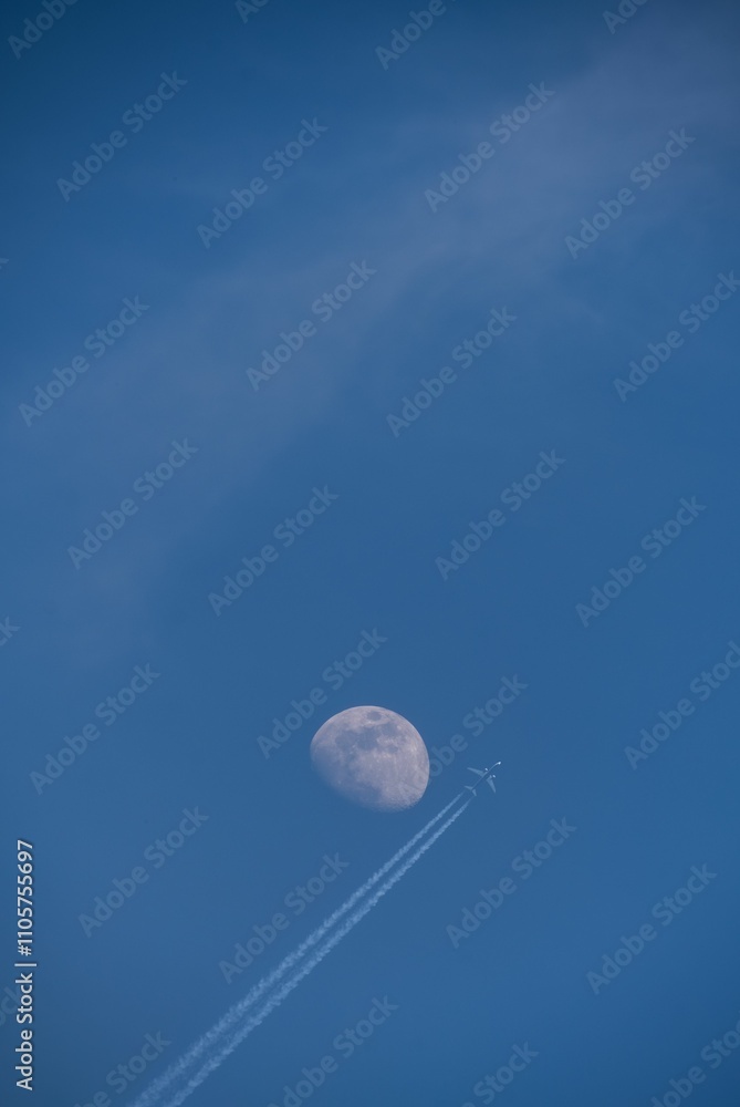 Airplane and Moon in Daytime Sky Airplane and Moon in Daytime Sky