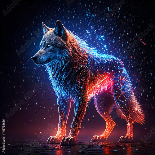  A powerful, glowing full body wolf with blue and red sparks photo