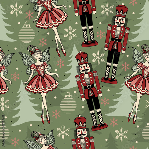 Vector seamless Christmas pattern with nutcrackers, sugar plum fairies, christmas trees, snowflakes and Christmas toys on green background