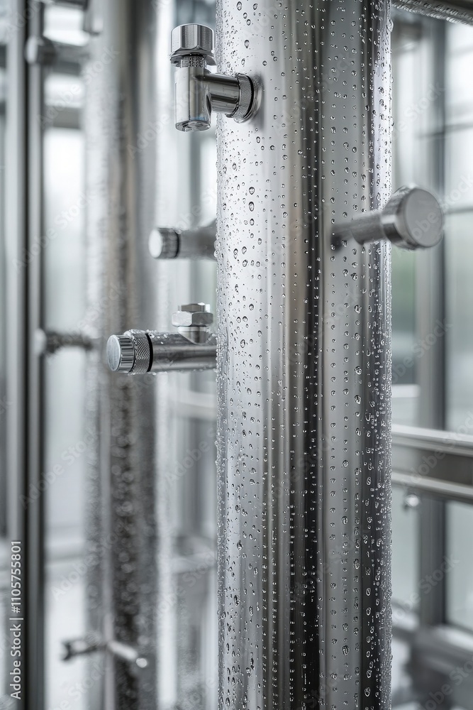 Close-Up View of Water Droplets on a Sleek Stainless Steel Shower Column in a Modern Bathroom Setting, Showcasing Contemporary Design Elements and Fixtures