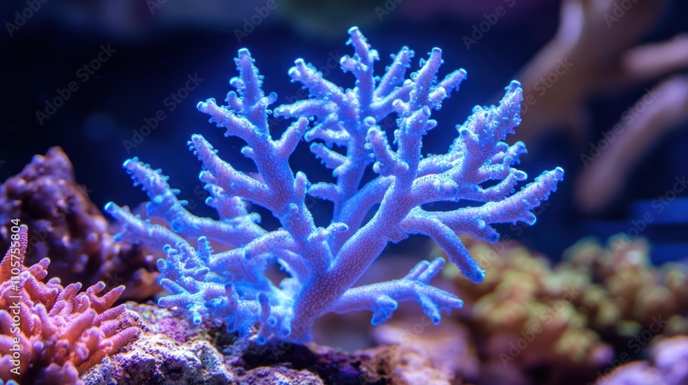 Vibrant Coral Reef Scene Featuring Luminous Blue Coral with Intricate Branching Structure Set Against a Colorful Underwater Background Vibrant Coral Reef Scene Featuring Luminous Blue Coral with Intricate Branching Structure Set Against a Colorful Underwater Background
