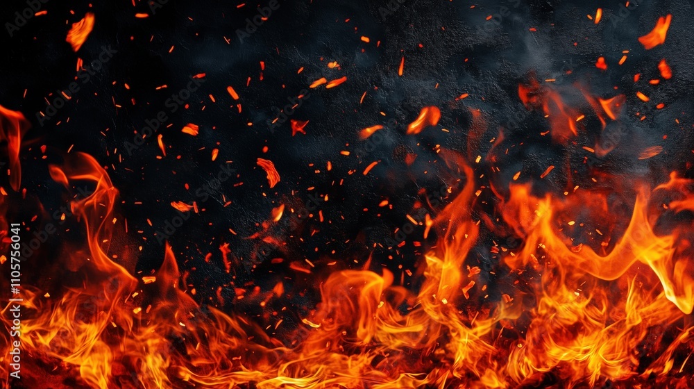 Vivid orange flames on a black background with sparks Vivid orange flames on a black background with sparks