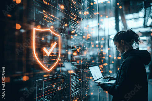 Ai generates cybersecurity insights modern office digital content urban environment close-up viewpoint technology trends