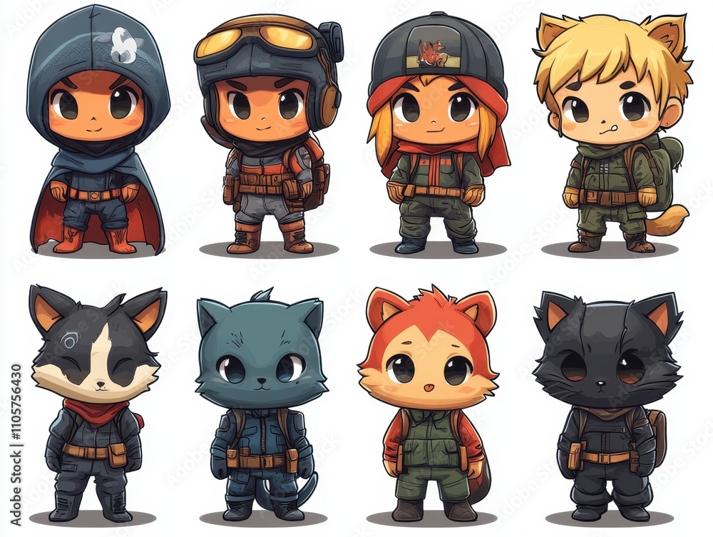 A set of various random chibi-style cartoon characters in full detail, isolated on a transparent background The collection includes a variety of big-headed superheroes, tiny animals, and exaggerated A set of various random chibi-style cartoon characters in full detail, isolated on a transparent background The collection includes a variety of big-headed superheroes, tiny animals, and exaggerated