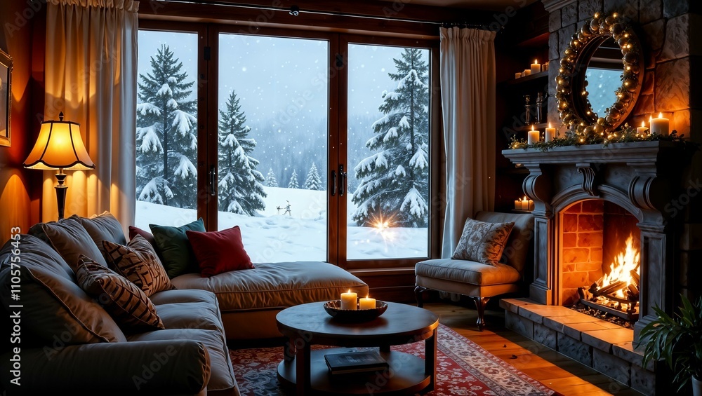 Fototapeta premium Cozy winter room with a view of a snowstorm outside, comfy furniture, light from the fireplace or lamps ,hotel, recreation, view of the snowy forest, interior, ski resort,large window
