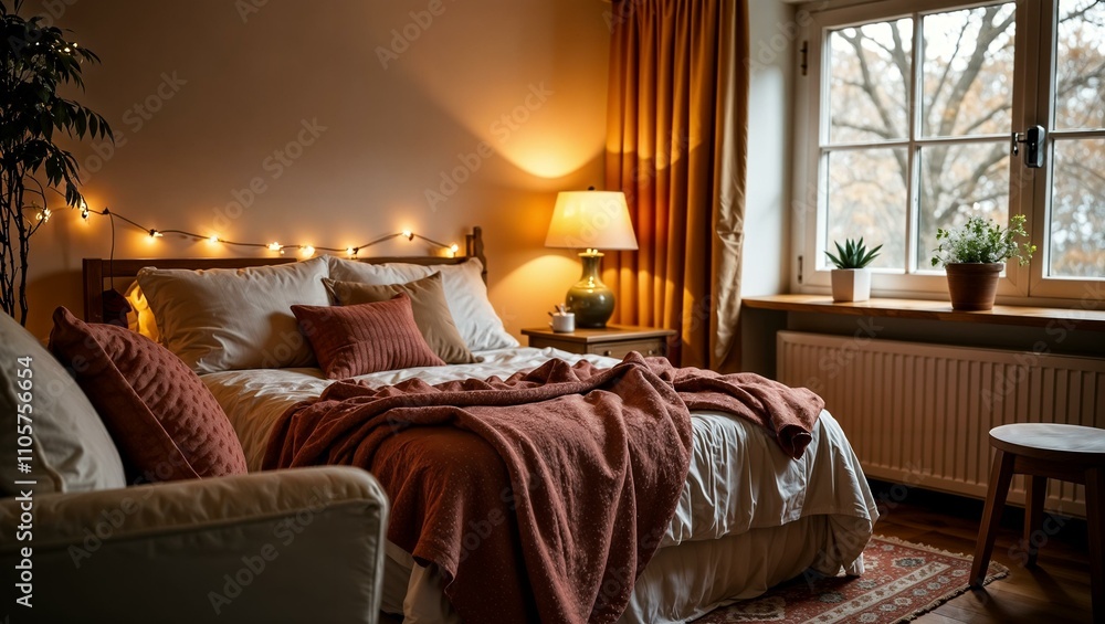 Fototapeta premium stylish and cosy interior, bedroom with a bed and beige rugs, battery, heating, heating season, details, large window with a view of snow-covered trees