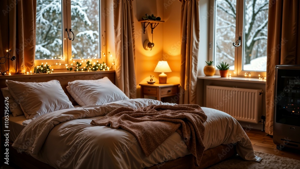 Fototapeta premium stylish and cosy interior, bedroom with a bed and beige rugs, battery, heating, heating season, details, large window with a view of snow-covered trees