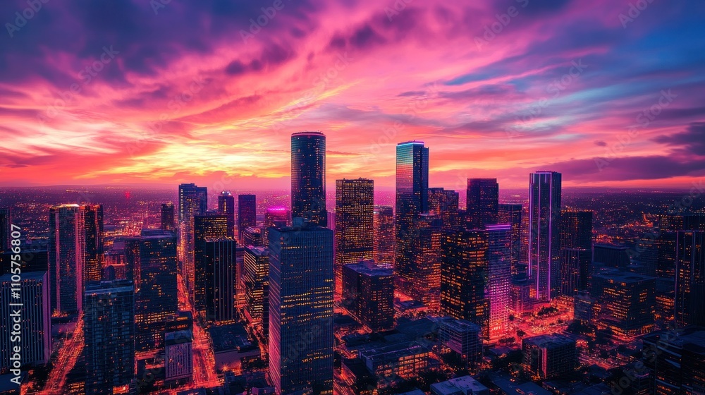 Obraz premium Breathtaking Sunset Over Houston Skyline with Vivid Colors and Illuminated Cityscape Capturing the Essence of Urban Nightlife and Modern Architecture