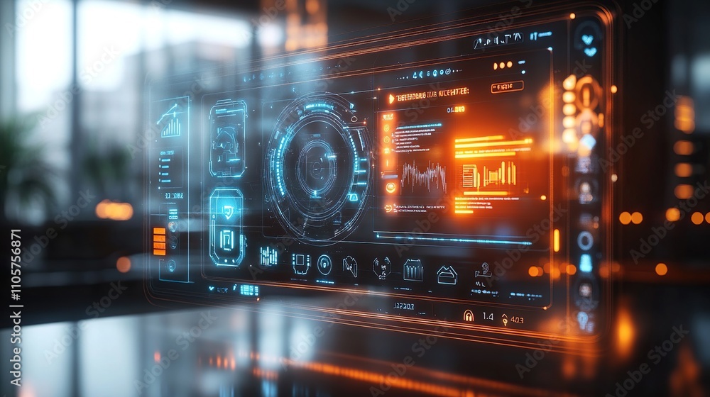 Futuristic holographic interface displaying data and analytics. Futuristic holographic interface displaying data and analytics.