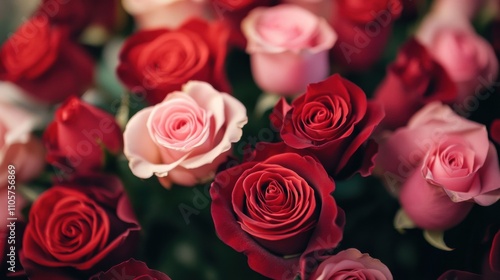 A bouquet of roses in various shades of red and pink, symbolizing love and passion