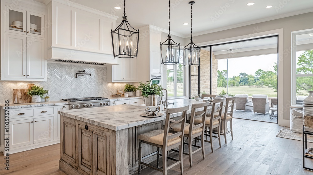 Luxurious kitchen with island, white cabinets, and patio view. Luxurious kitchen with island, white cabinets, and patio view.