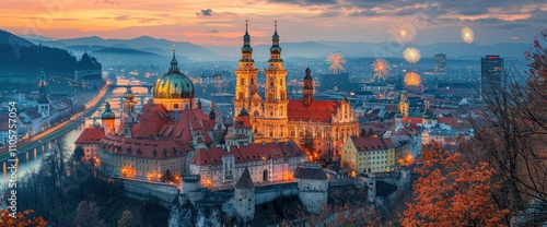 Panoramic View of Passau, Germany at Sunset with Fireworks