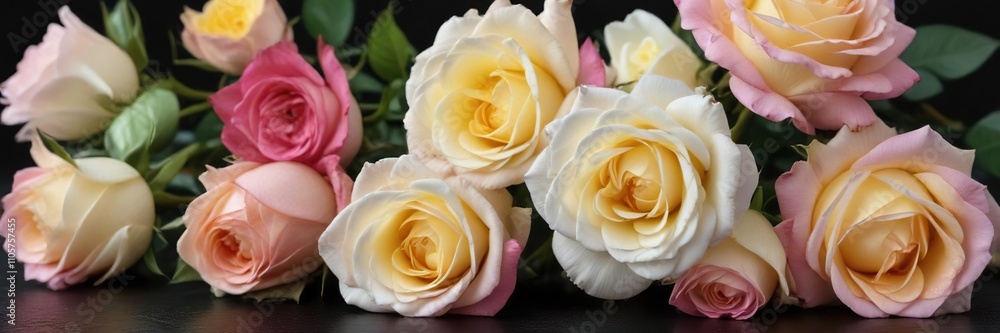 Elegant white, yellow and pink roses on a black surface, petals, vibrant