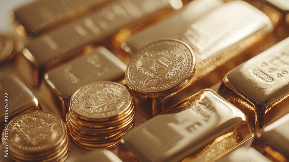 Gold bars and coins, precious metal, investment, wealth, value, stacks, close-up, golden, finance, financial, economy Gold bars and coins, precious metal, investment, wealth, value, stacks, close-up, golden, finance, financial, economy