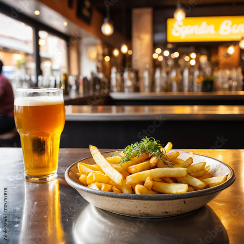 Bar appetizer tapa with two beers