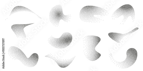 Dotwork abstract noise fluid grain gradient elements. Pointillism gradient pattern in dotwork style. Dotwork stipple halftone effect. Dotted set of shapes, stipple elements. Vector background