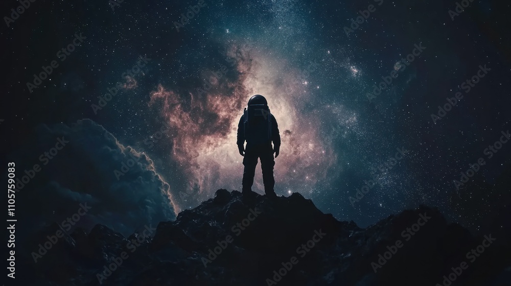 Astronaut Standing on Rocky Terrain Against a Colorful Nebula and Starry Background, Capturing the Depths of Space Exploration and Cosmic Wonders Astronaut Standing on Rocky Terrain Against a Colorful Nebula and Starry Background, Capturing the Depths of Space Exploration and Cosmic Wonders