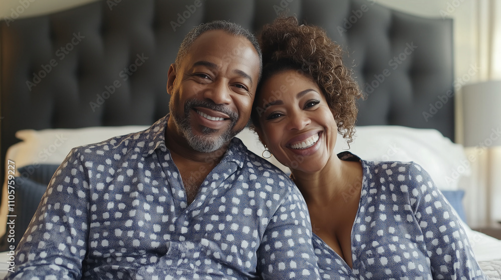African American couple enjoying a happy moment together in bed, wearing comfortable pyjamas, smiling, looking to camera. African American couple enjoying a happy moment together in bed, wearing comfortable pyjamas, smiling, looking to camera.