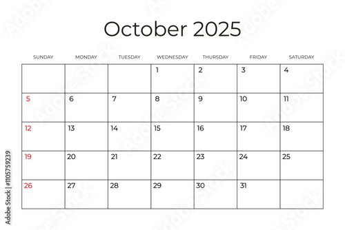 Printable Monthly Calendar template for October 2025. Week Starts on SUNDAY. Wall Calendar in a Minimalist Style. Simple and clean design. Ready to print. Vector illustration