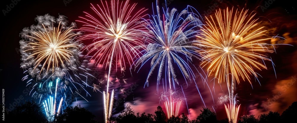 Vibrant Fireworks Display Illuminating Night Sky Vibrant Fireworks Display Illuminating Night Sky