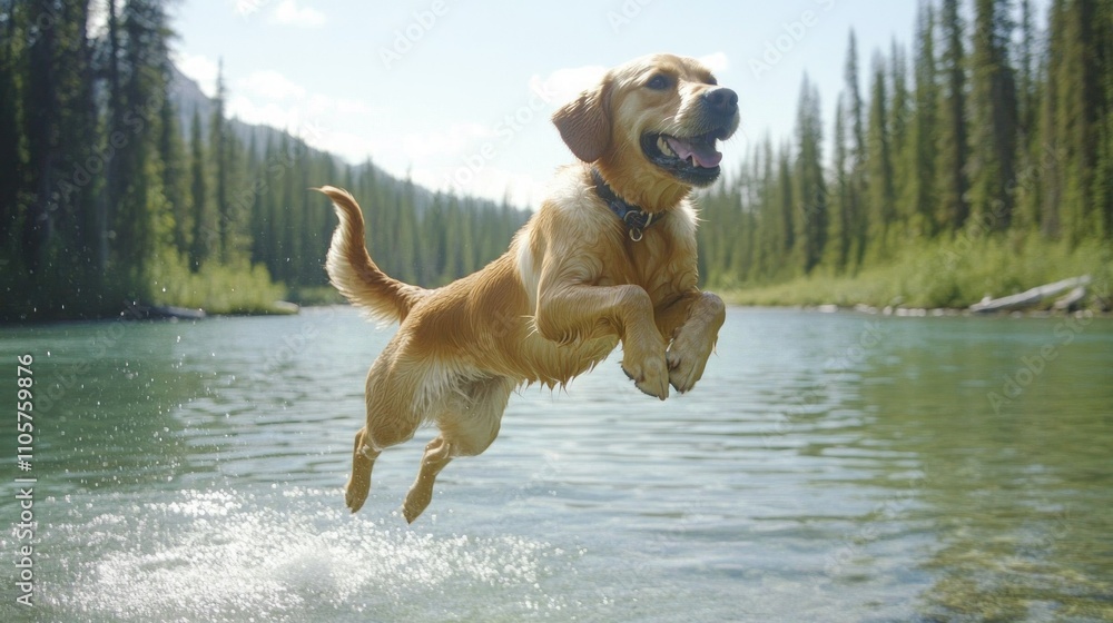 Golden joy! A playful retriever leaps into a crystal-clear lake, surrounded by a breathtaking mountain backdrop. Pure canine bliss! Golden joy! A playful retriever leaps into a crystal-clear lake, surrounded by a breathtaking mountain backdrop. Pure canine bliss!