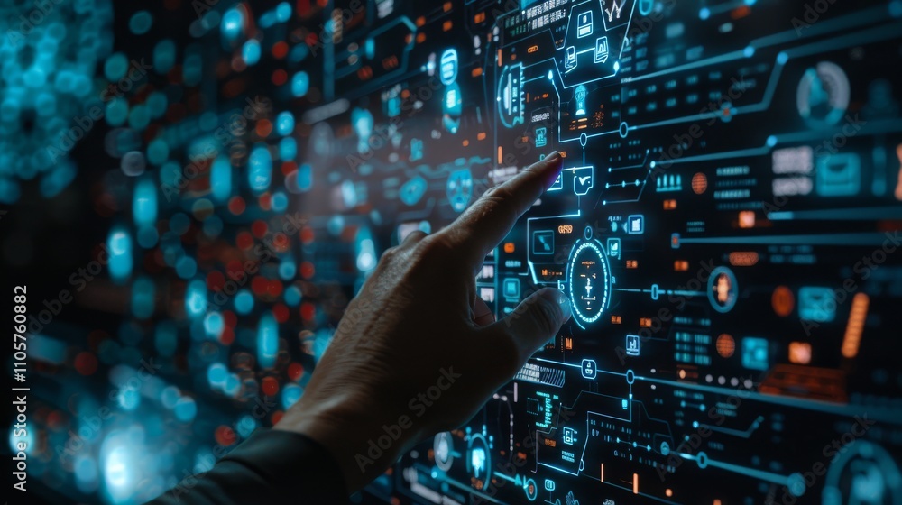Closeup of hand touching futuristic screen with digital data and information technology icons, background is wall full of holographic screens displaying complex network structure in dark room, Closeup of hand touching futuristic screen with digital data and information technology icons, background is wall full of holographic screens displaying complex network structure in dark room,