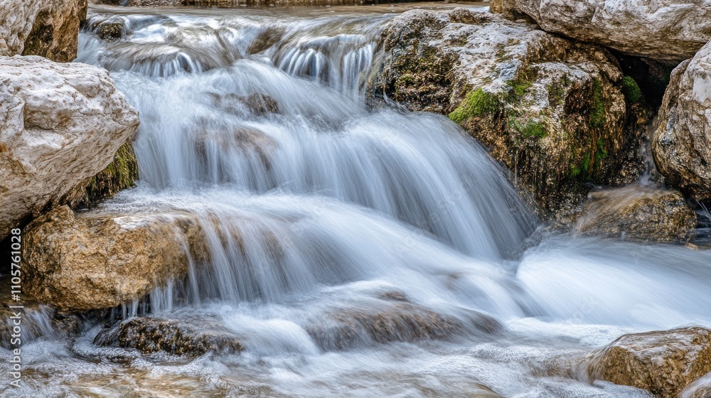 Tranquil Flowing Stream with Smooth Water Cascading Over Rocks Surrounded by Natural Greenery and Textured Stones in a Serene Environment